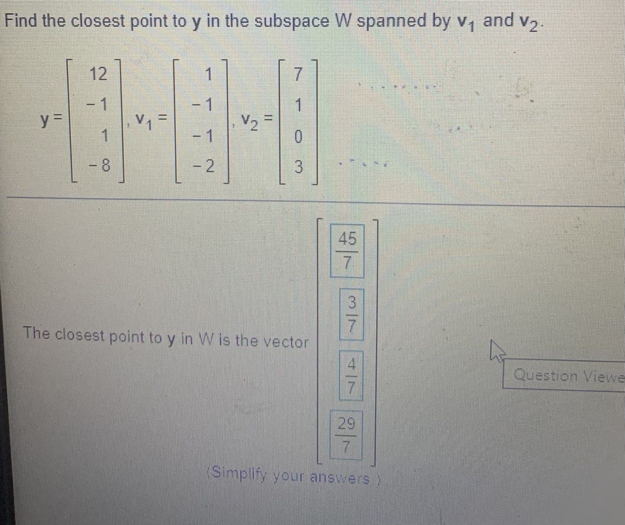 Find the closest point to y in the subspace W