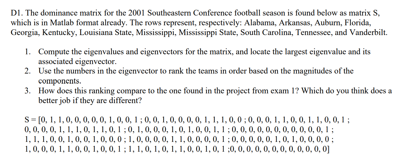 D1. The dominance matrix for the 2001