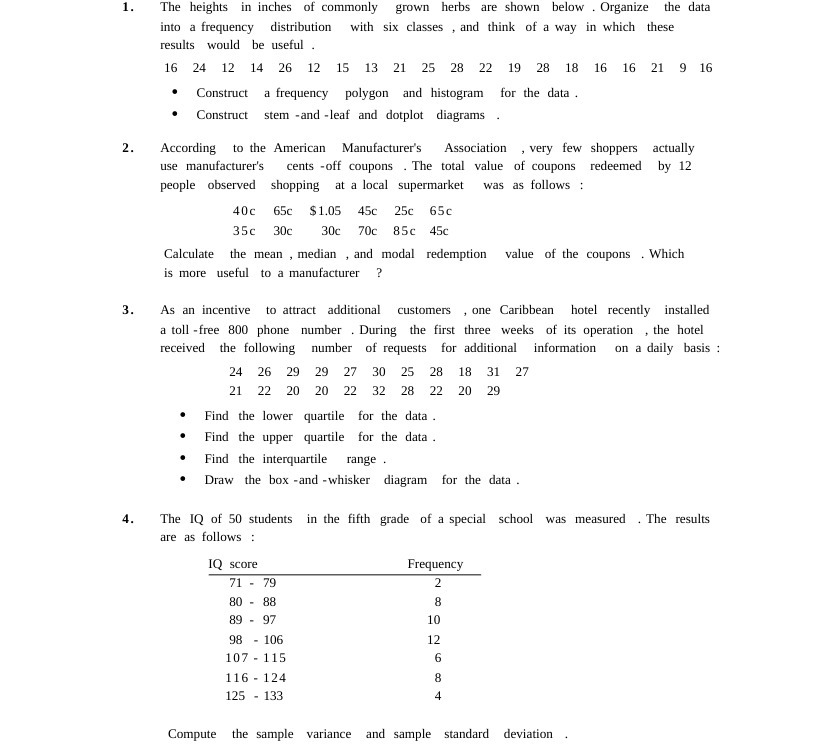 1. The heights in inches of commonly grown herbs