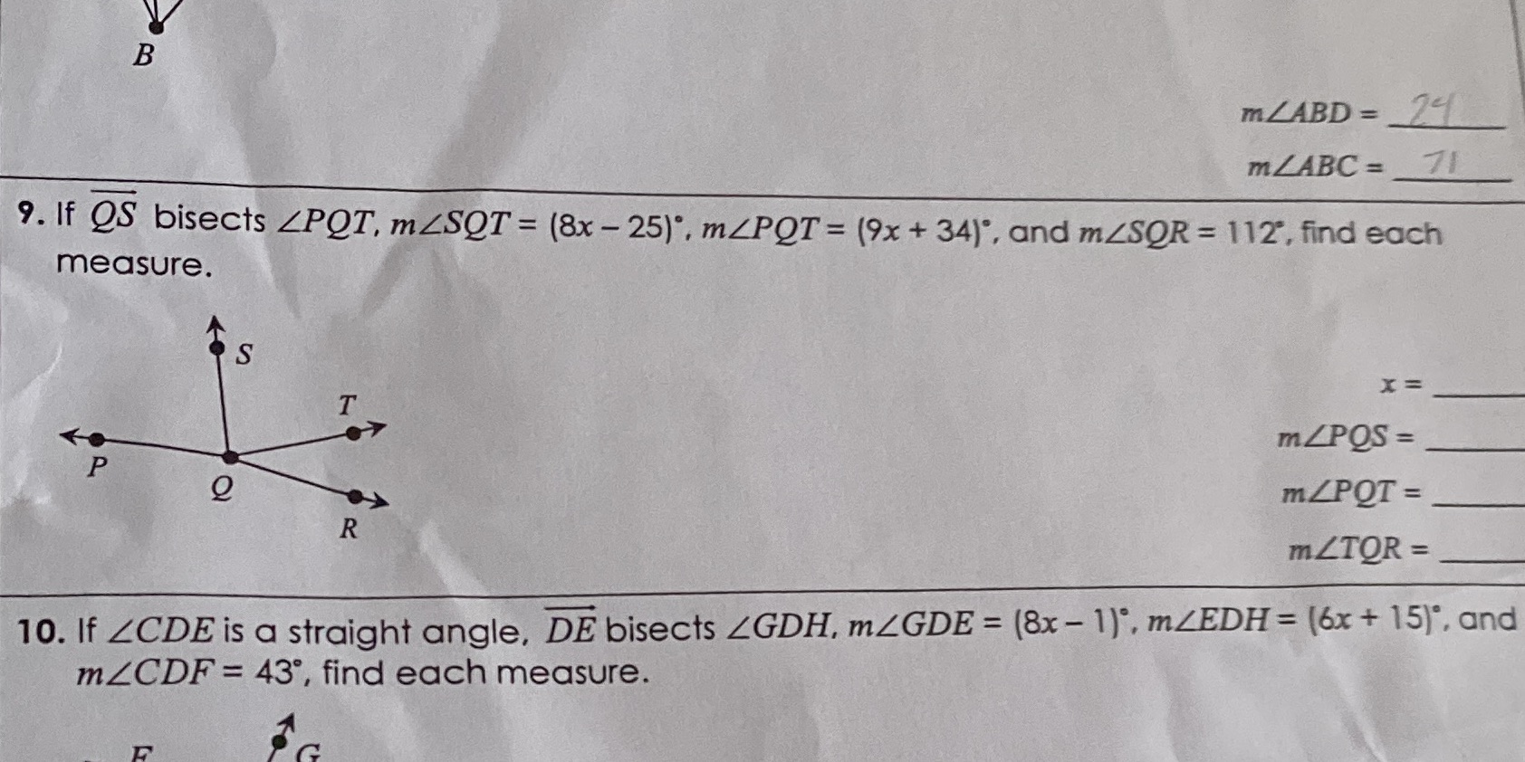 B mLABD = 2 mZABC = 71 9. If OS bisects ZPOT,