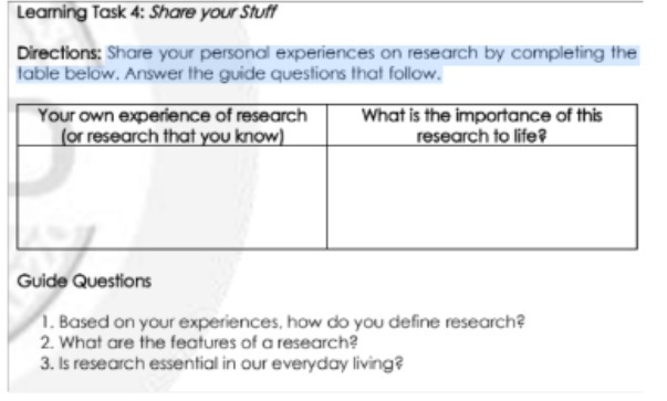 Learning Task 4: Share your Stuff Directions: