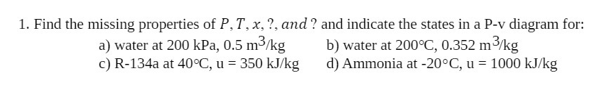 1. Find the missing properties of P, T, x, ?, and