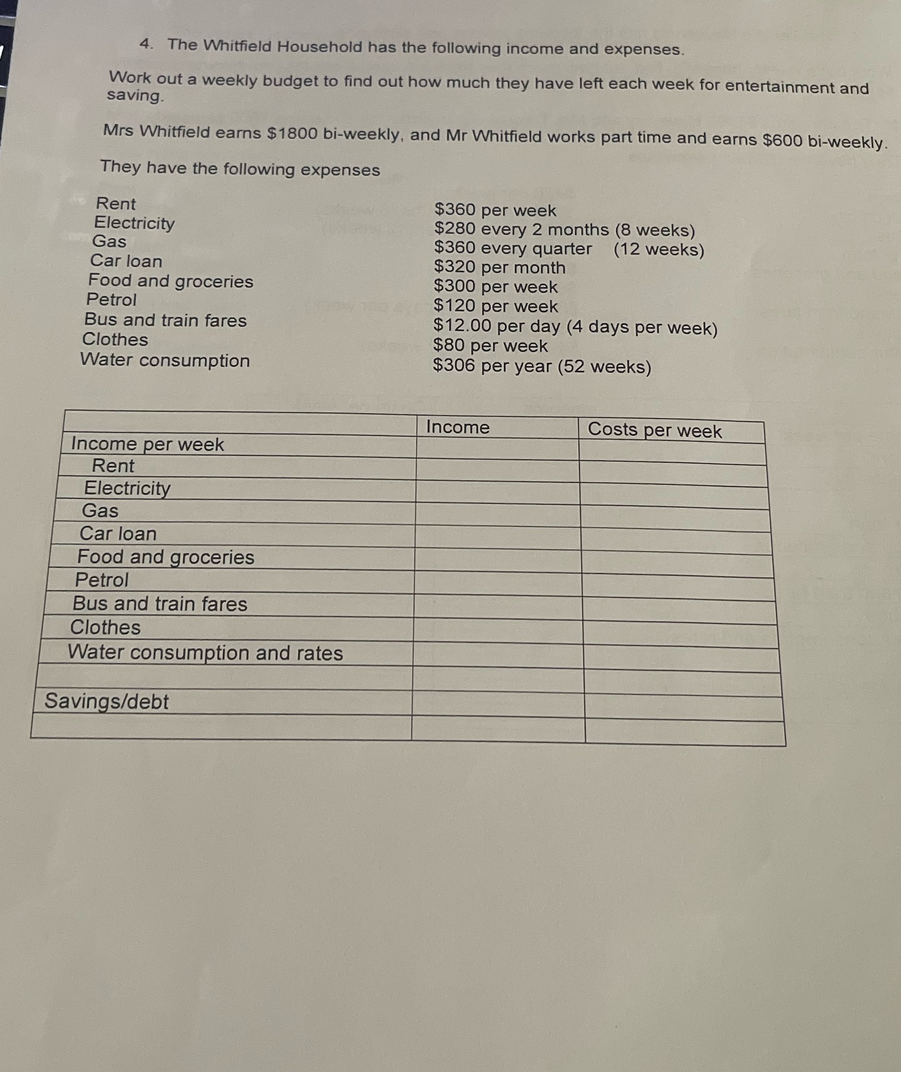 please help 4. The Whitfield Household has the