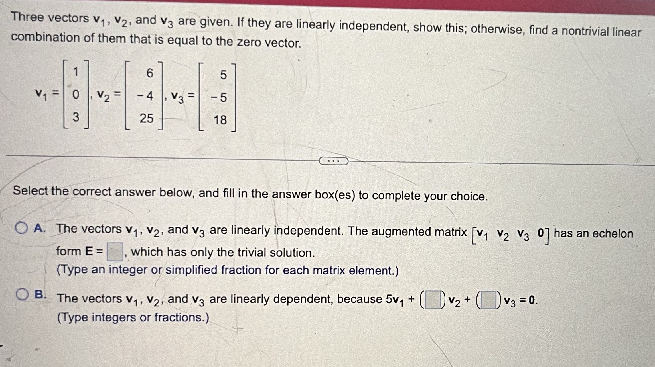 Three vectors v1, v2, and v3 are given. If they