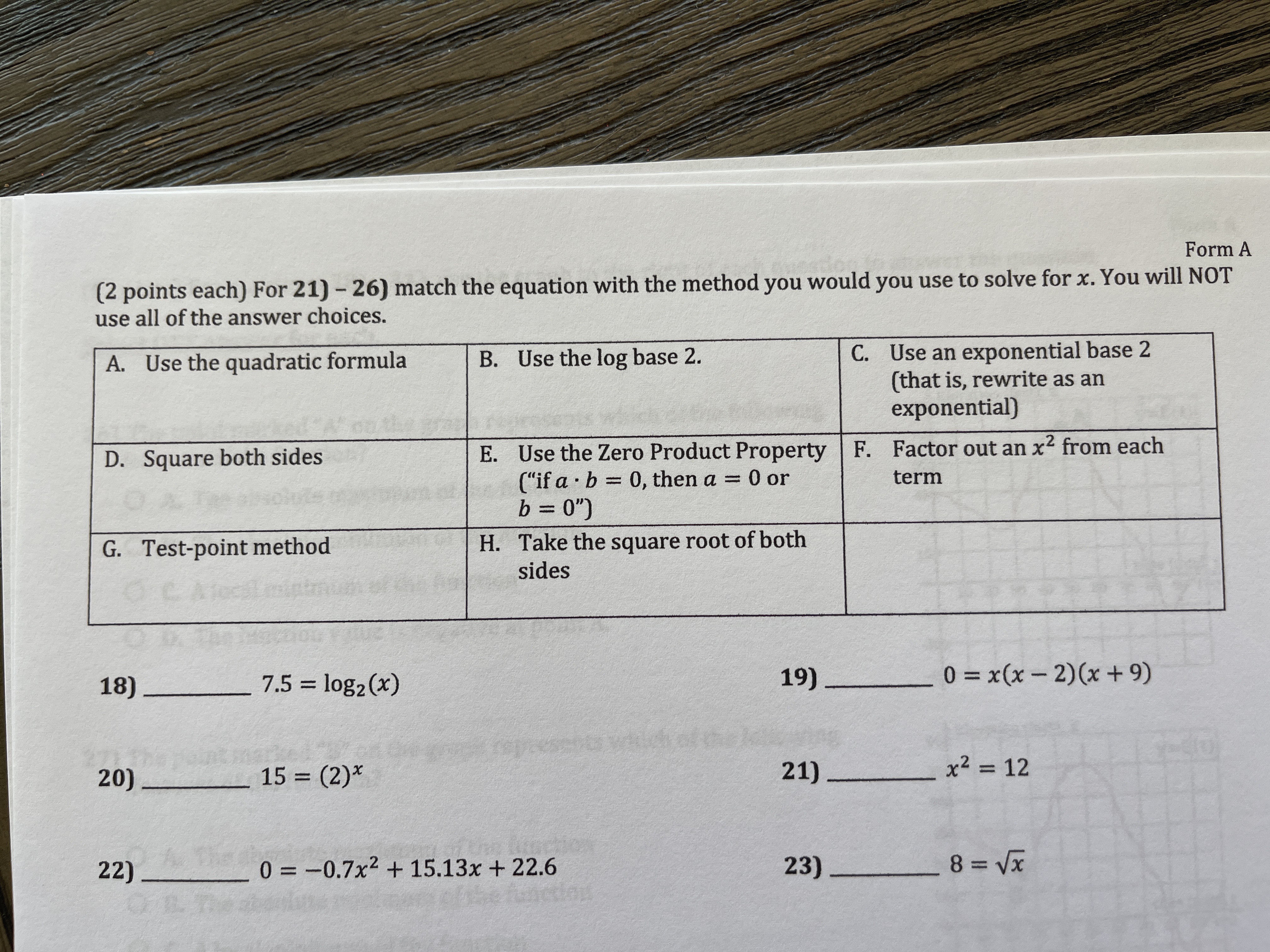 Form A (2 points each] For 21) 26) match the