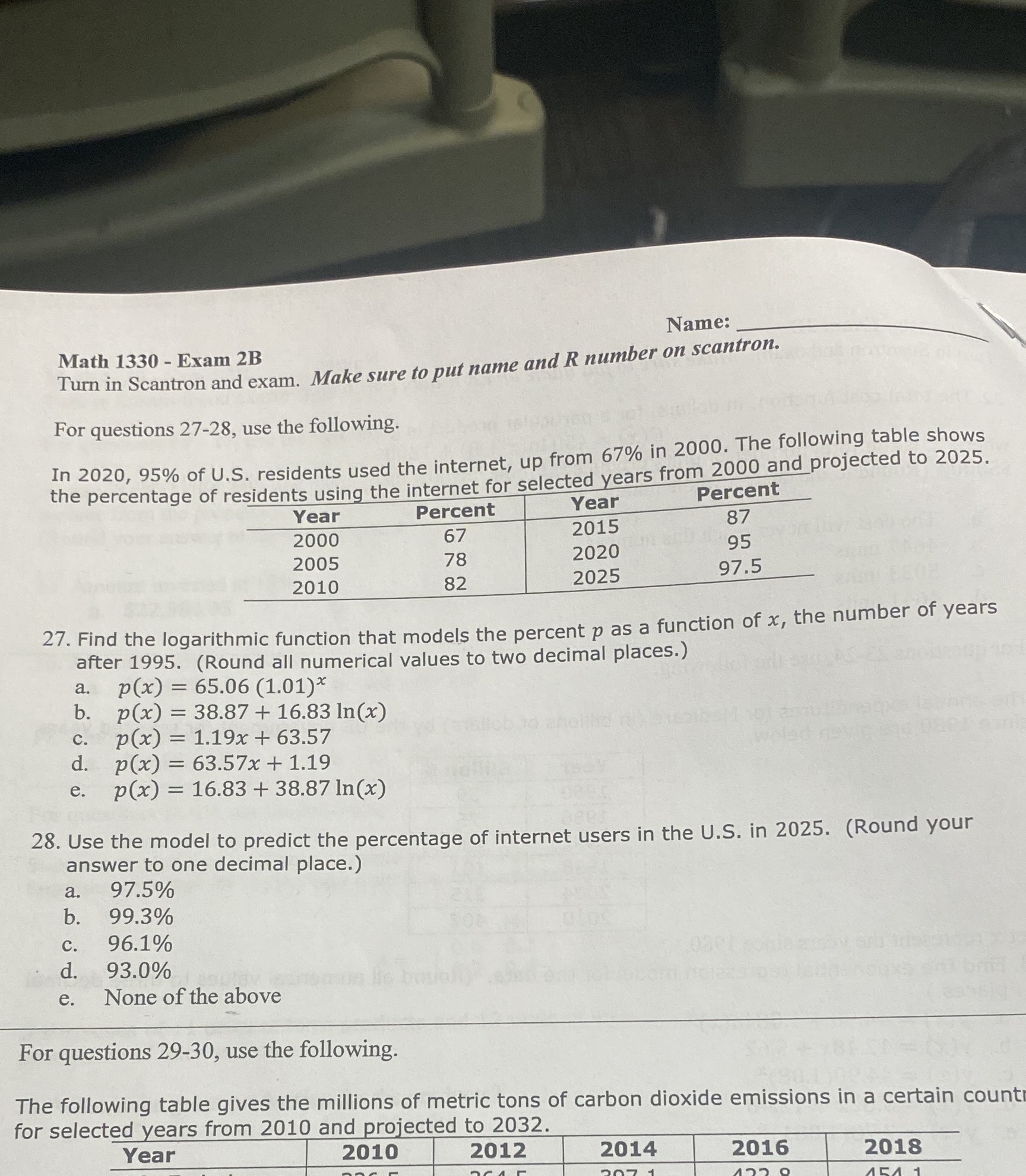 Name: Math 1330 - Exam 2B Turn in Scantron and