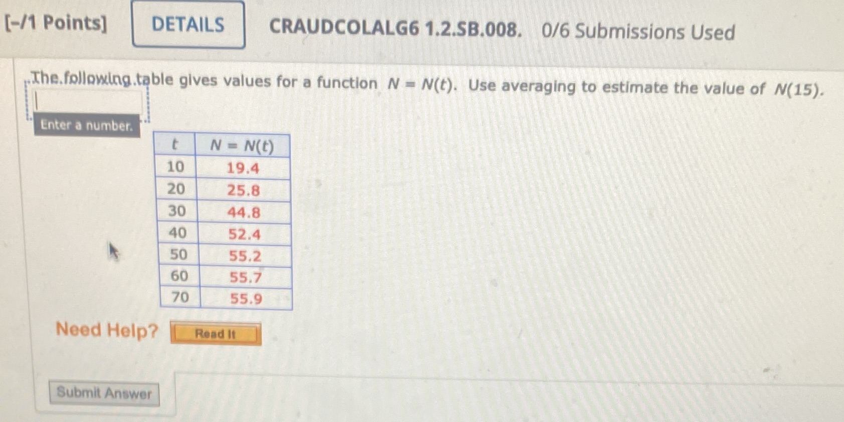 [-/1 Points] DETAILS CRAUDCOLALG6 1.2.SB.008. 0/6