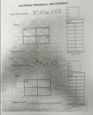 \f\f\fFACTORING TRINOMIALS: BOX STRATEGY Factor