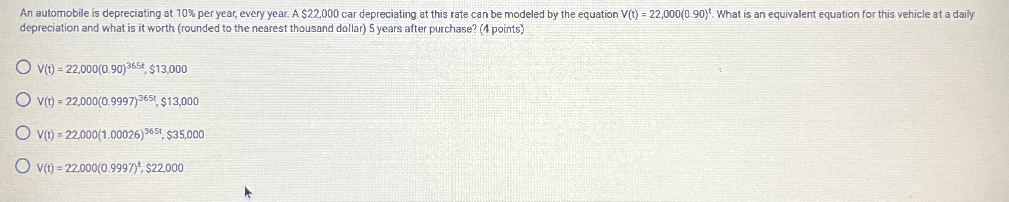 An automobile is depreciating at 10% per year,