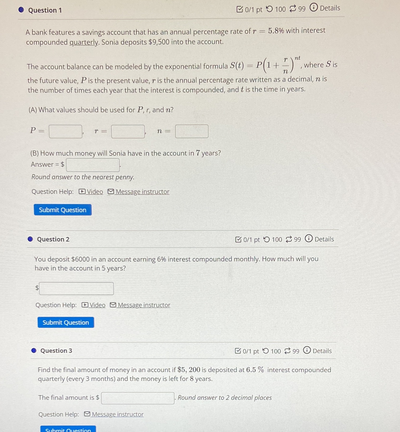 No explanation needed, just answers Question 1