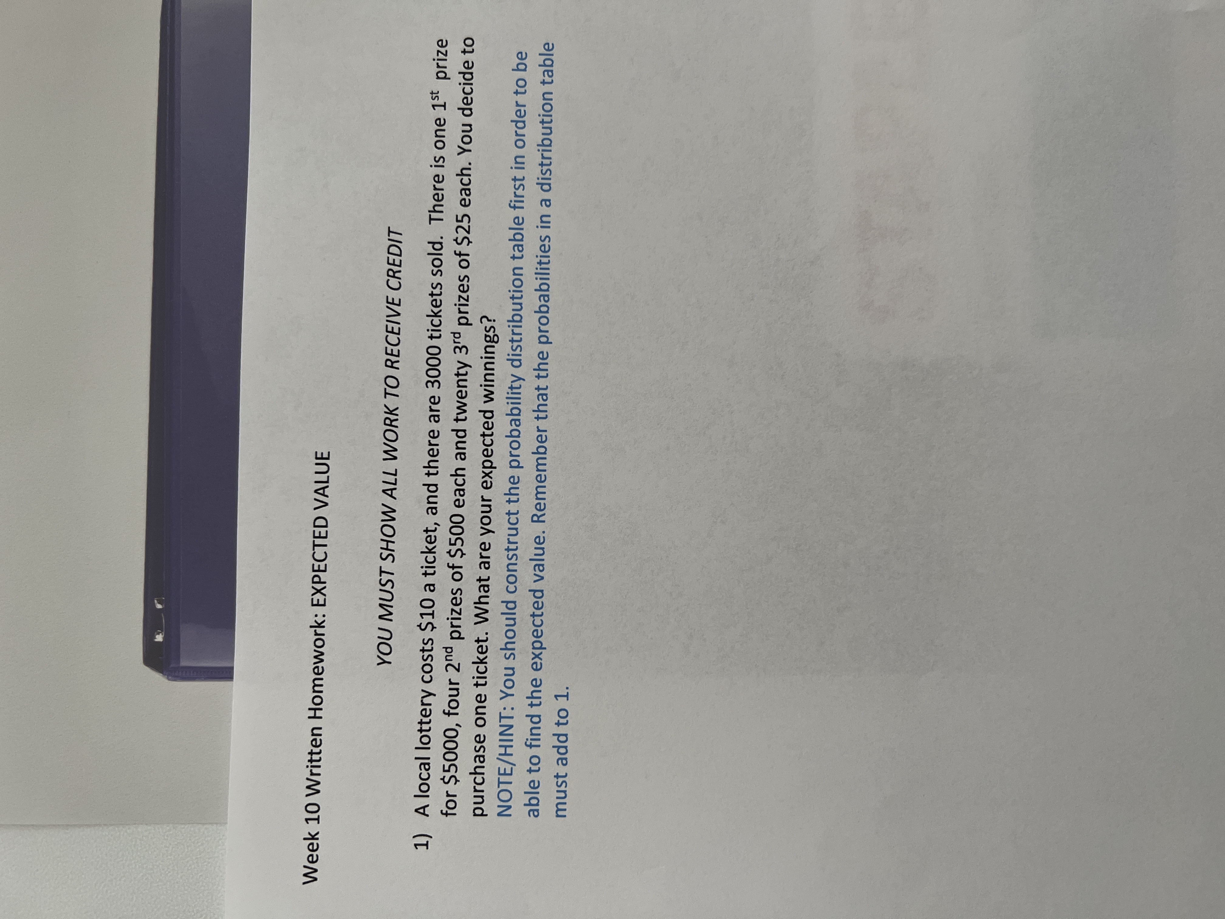 Week 10 Written Homework: EXPECTED VALUE YOU MUST