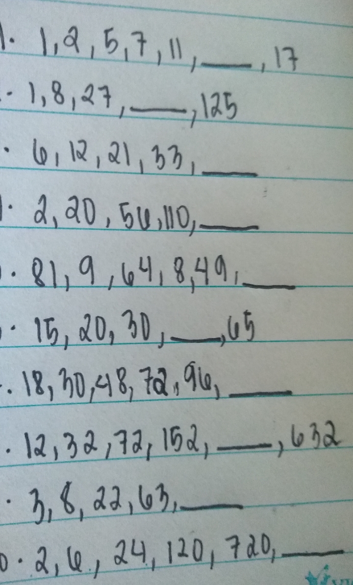 number patterns 1 12, 5 , 7 , 1 17 - 1, 8, 27 125