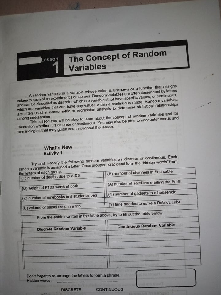 ACTIVITY 1: DISCRETE AND CONTINUOS RANDPM