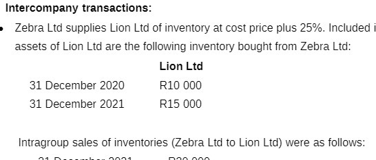 Intercompany transactions: Zebra Ltd supplies