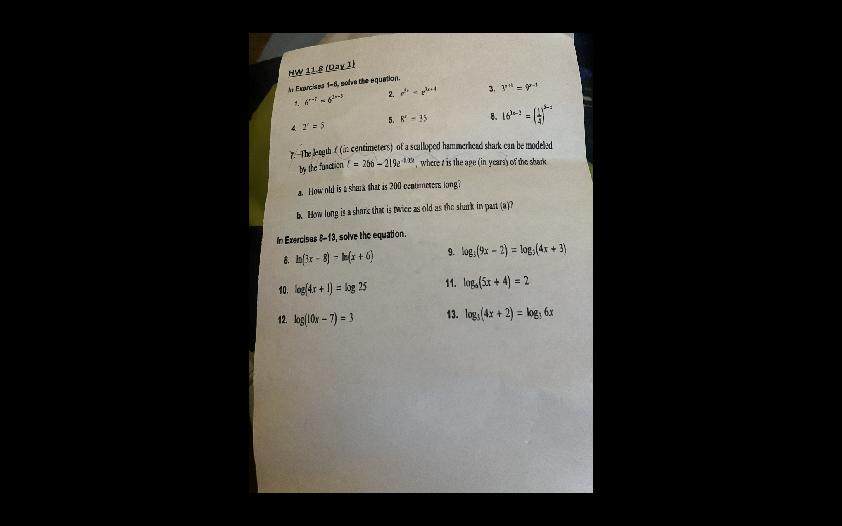 HW 11.8 (Day 1) In Exercises 1-6, solve the