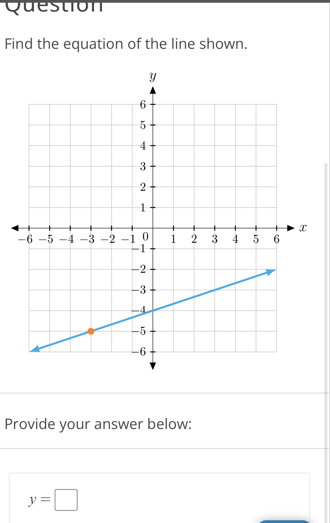 Question Find the equation of the line shown. + X