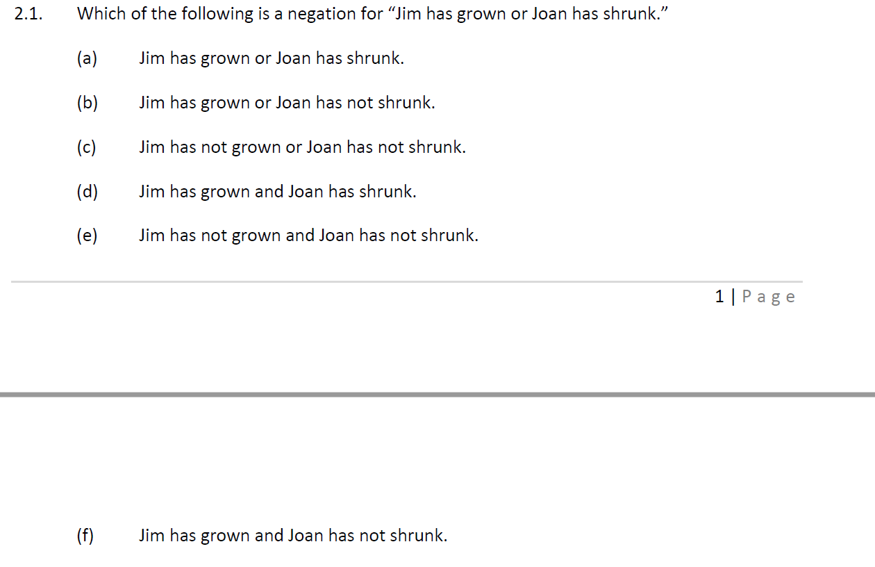 2.1. Which of the following is a negation for