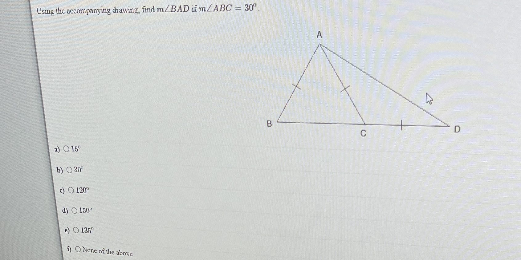 Using the accompanying drawing, find m /BAD if