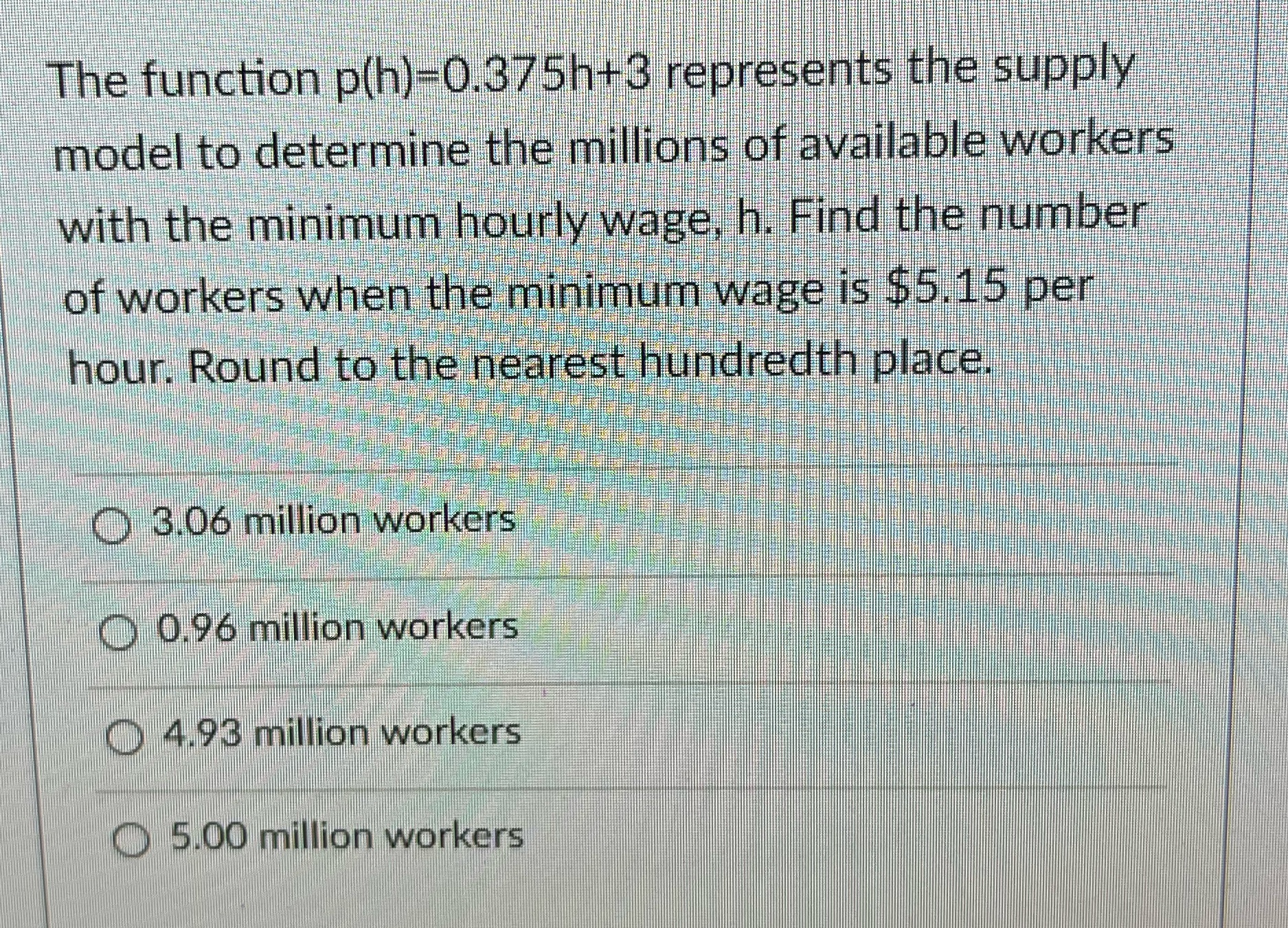 The function p(h)-0.375h+3 represents the supply