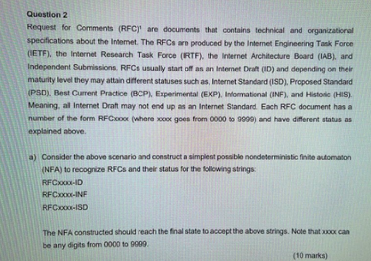 Question 2 Request for Comments (RFC)' are