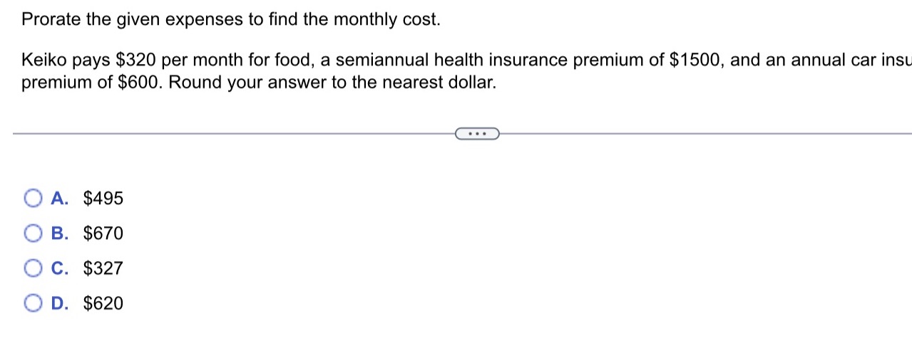 Prorate the given expenses to find the monthly