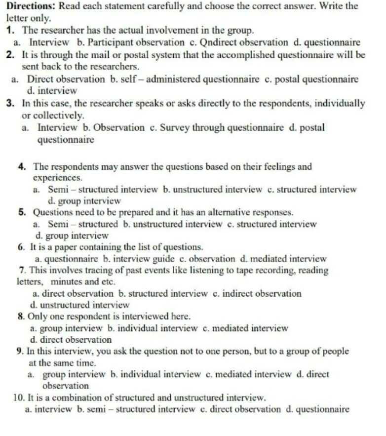 Directions: Read each statement carefully and