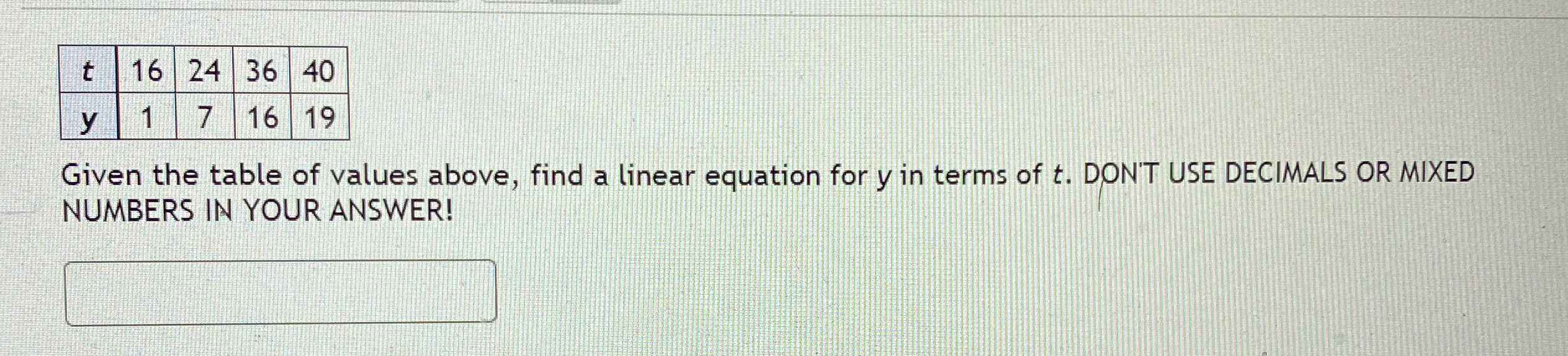 16 24 36 40 16 19 Given the table of values