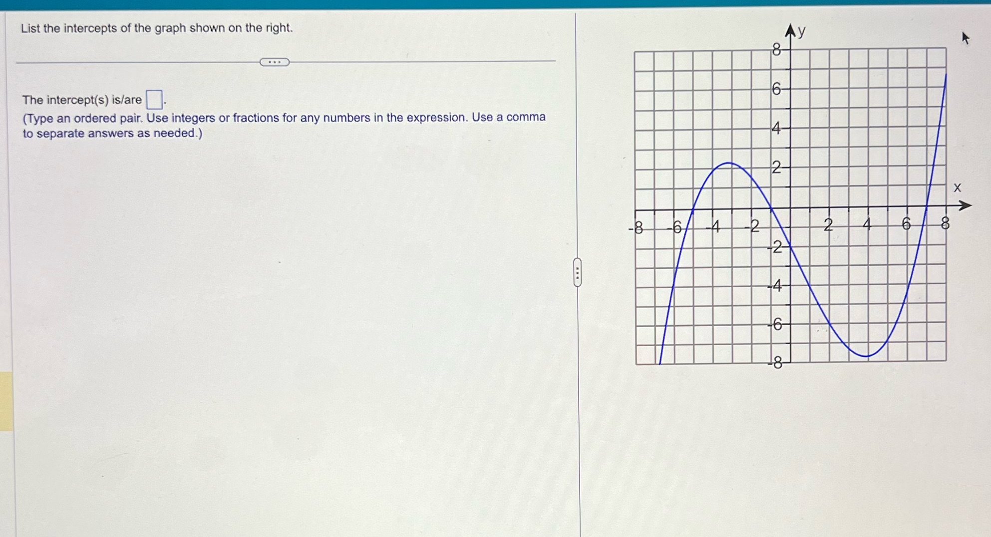 List the intercepts of the graph shown on the