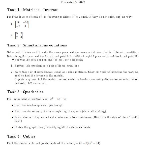 Trimester 3, 2022 Task 1: Matrices - Inverses