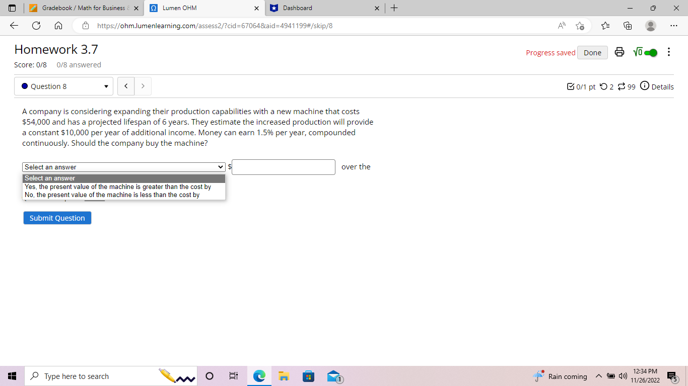 Gradebook / Math for Business & X Q Lumen OHM X