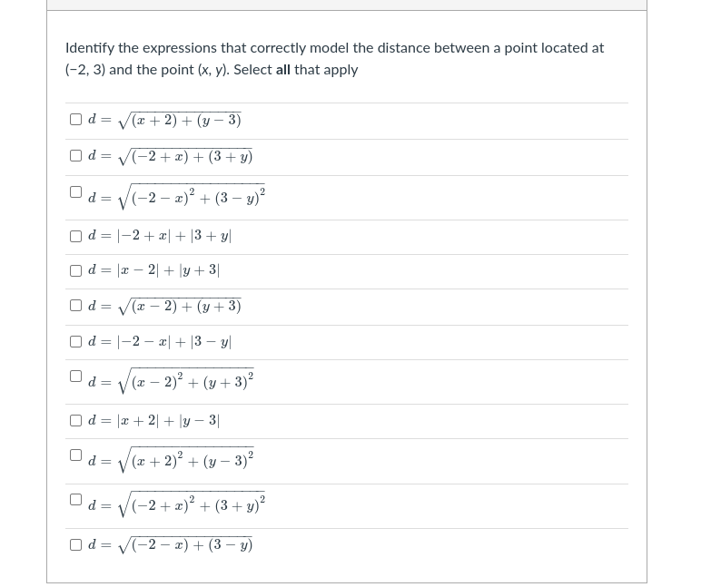 Identify the expressions that correctly model the