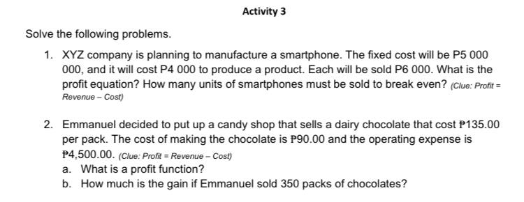 Activity 3 Solve the following problems. 1. XYZ