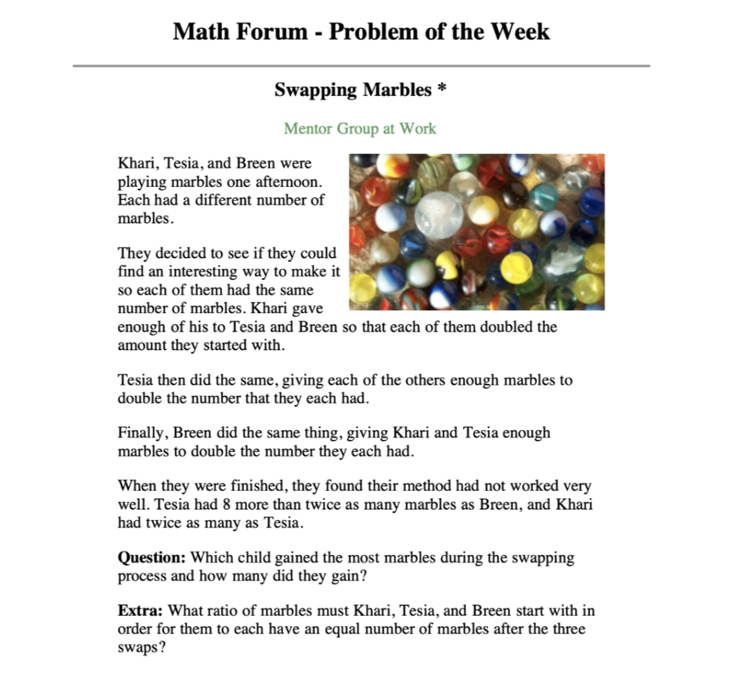 Math Forum - Problem of the Week Swapping Marbles