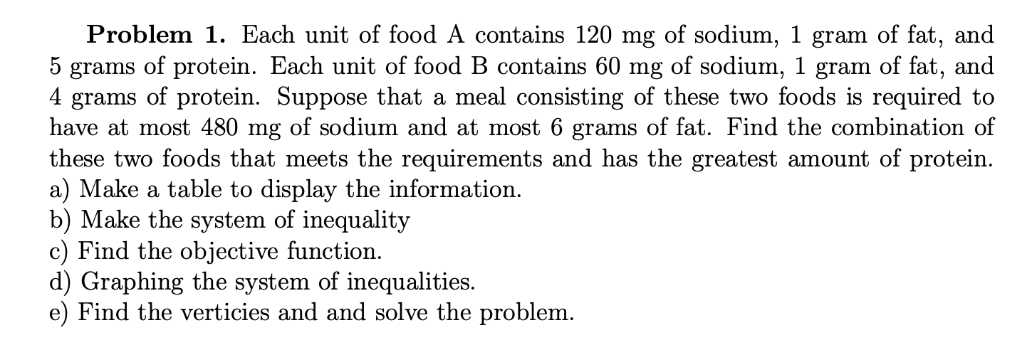 Problem 1. Each unit of food A contains 120 mg of