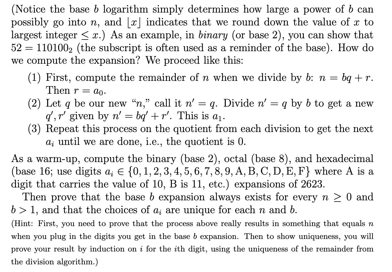 Question 3 (Base b expansions). In number theory