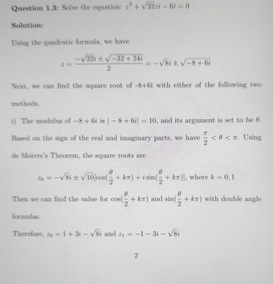 How to get cos0/2+kpi? Question 1.3: Solve the