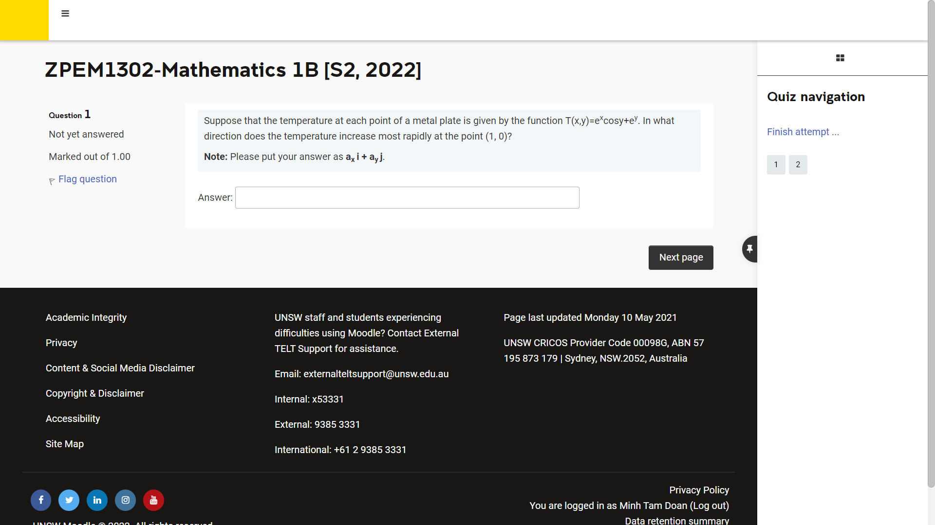 ZPEM1302-Mathematics 1B [S2, 2022] Quiz