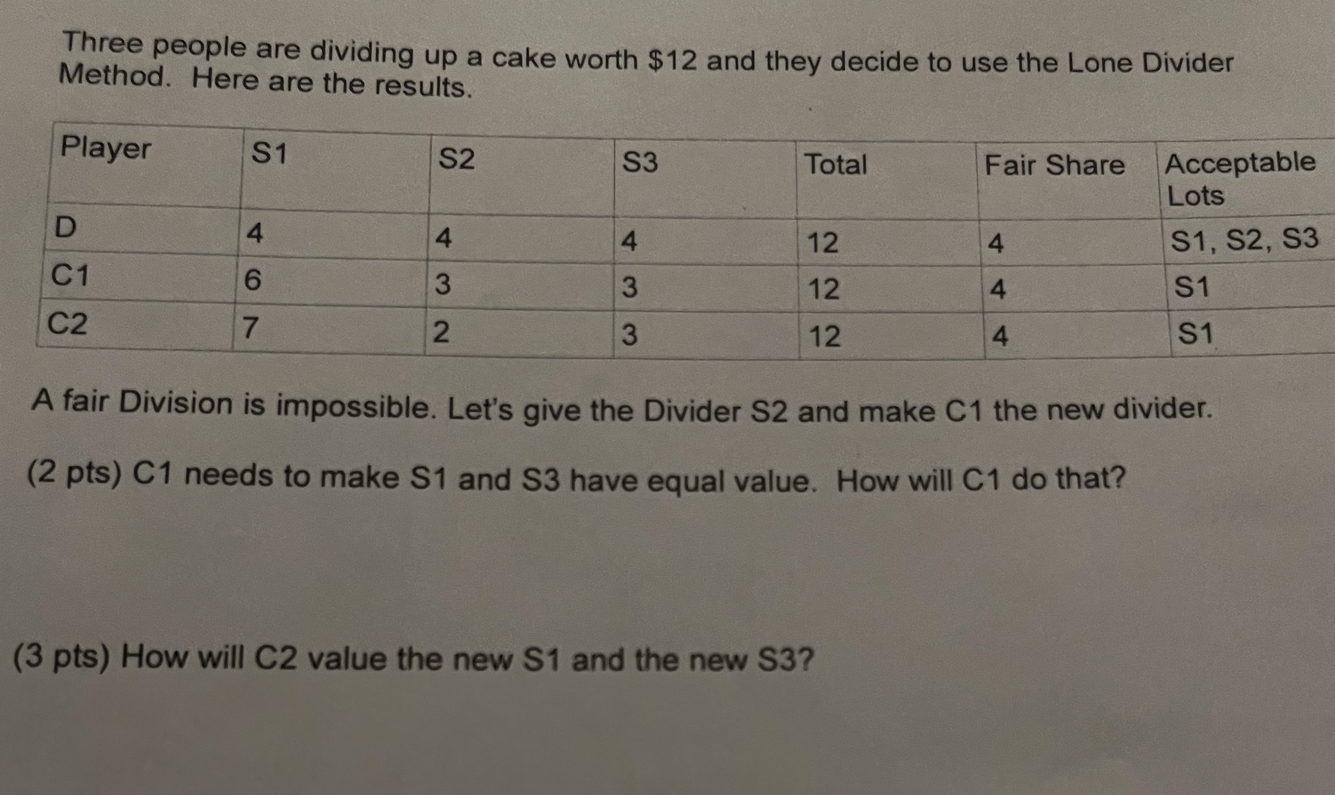 Three people are dividing up a cake worth $12 and