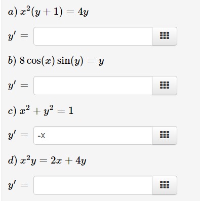 a) x'(y + 1) = 4y b) 8 cos(x ) sin(y) = y =