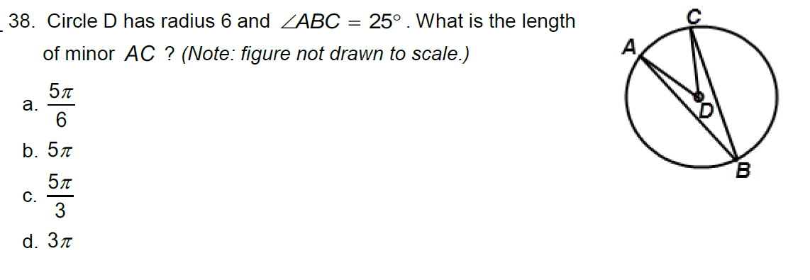 _38_ Circle D has radius 6 and AABC = 25 . What
