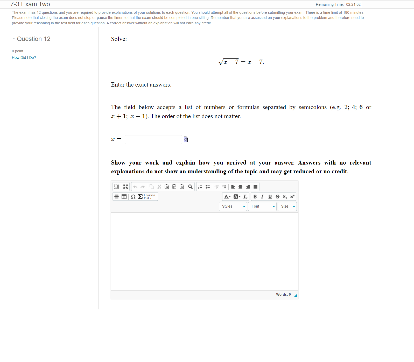 7-3 Exam TWO Remaining Time: 02:21:02 The exam