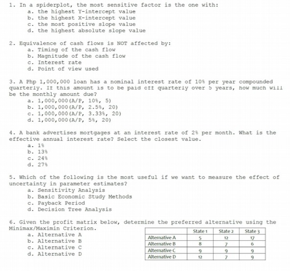 1. In a spiderplot, the most sensitive factor is
