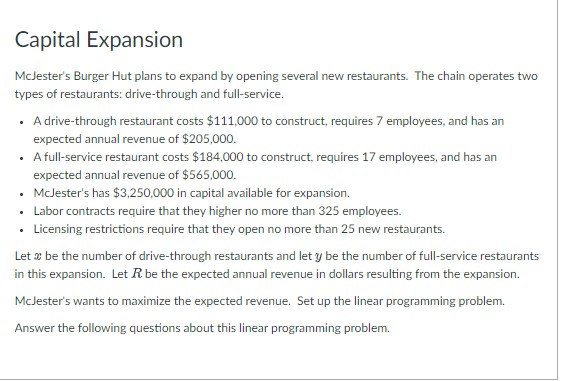 Capital Expansion McJester's Burger Hut