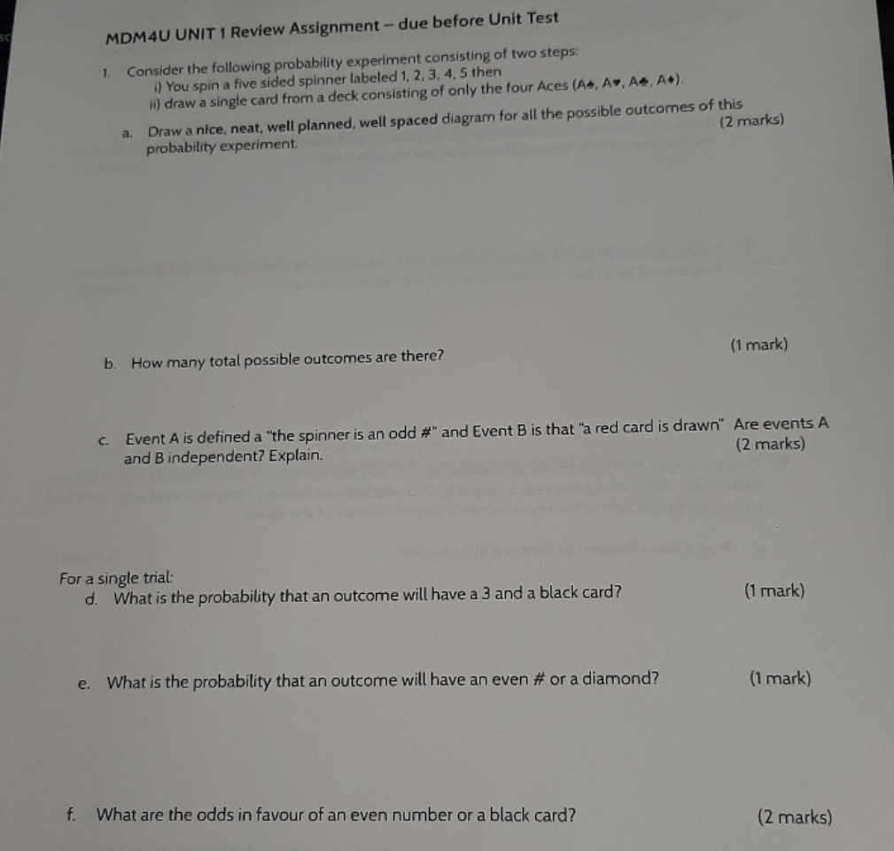 show all work MDM4U UNIT 1 Review Assignment -