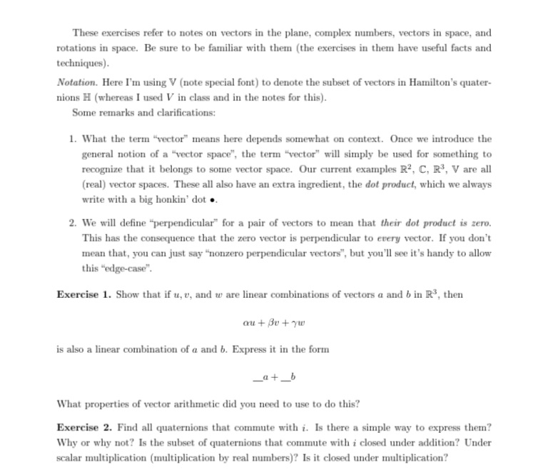 These exercises refer to notes on vectors in the
