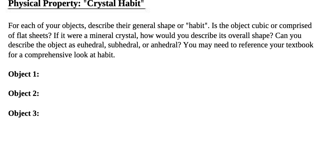 Physical Property: "Crystal Habit" For each of