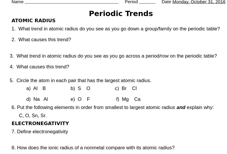 Name Period Date W Periodic Trends ATOMIC RADIUS