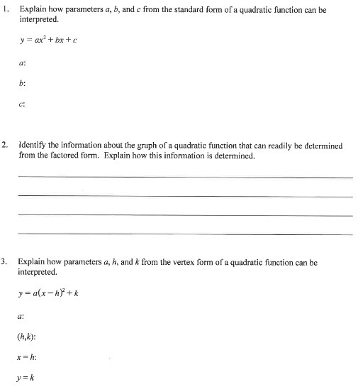 1. Explain how parameters a, b, and c from the