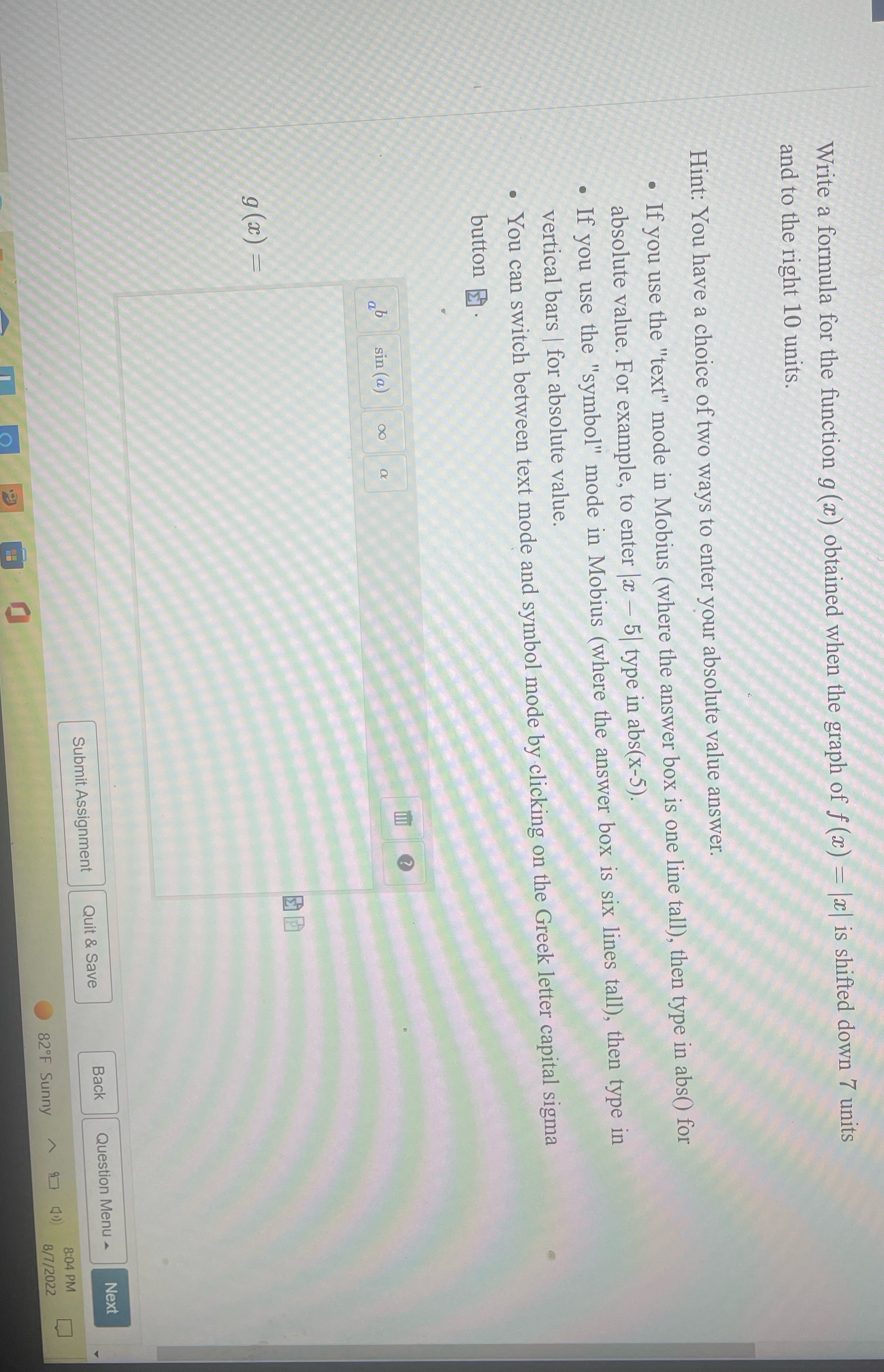 Write a formula for the function g (a) obtained