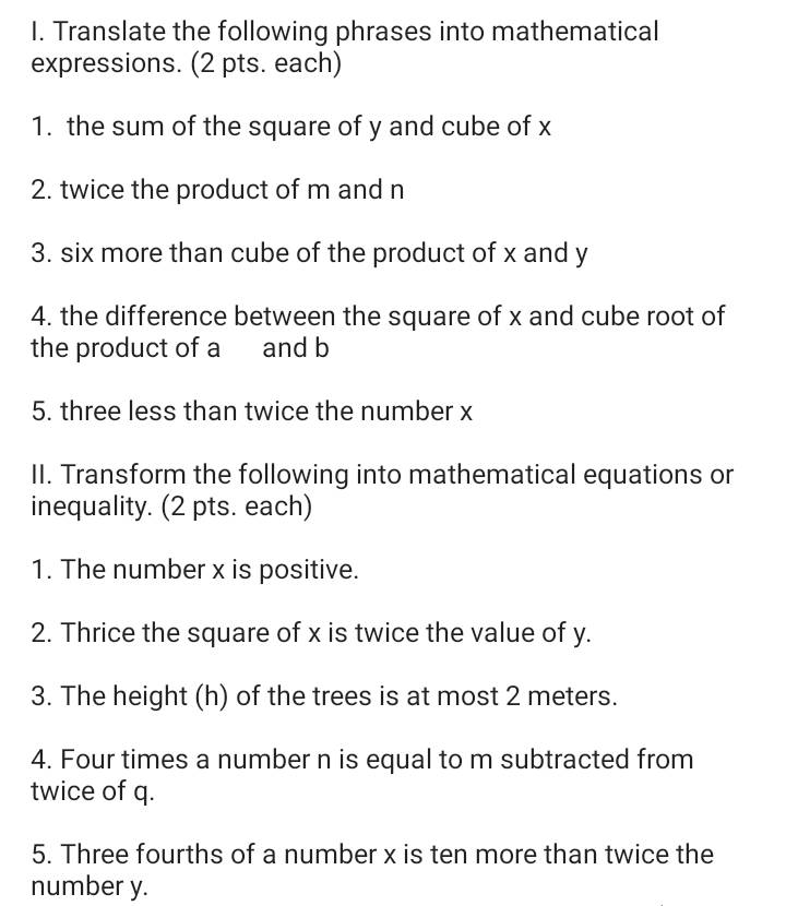 I. Translate the following phrases into